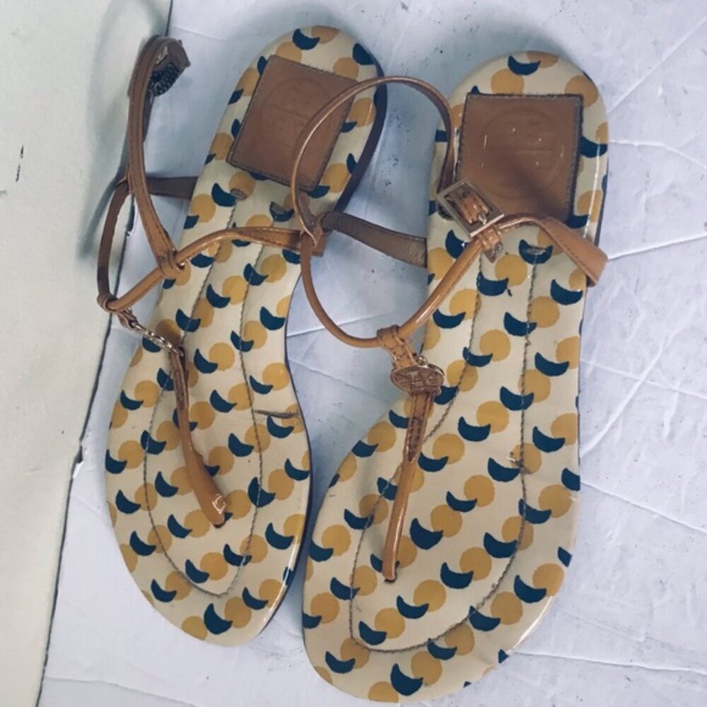 Tory Burch Emmy Thong T Strap Leather Sandals Ballet Flats Patent Graphic Print - Picture 5 of 15